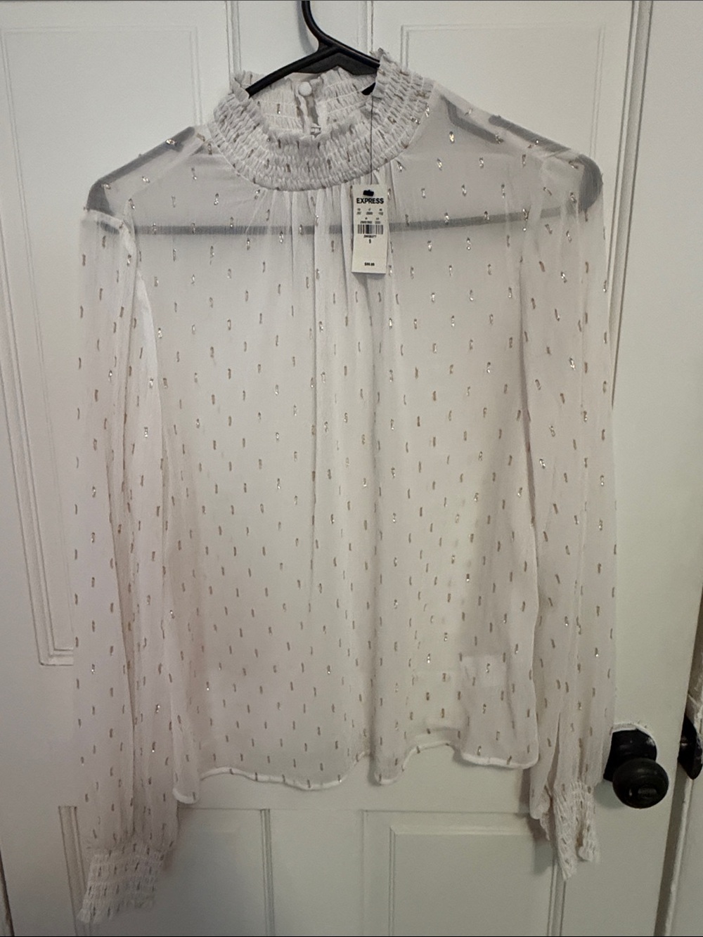 Express White Sheer Blouse with Gold Metallic Dot Accents